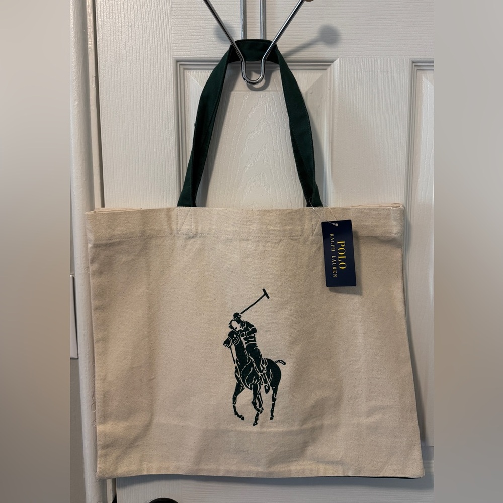Polo by Ralph Lauren Cream Canvas Tote with Dark Green Handles